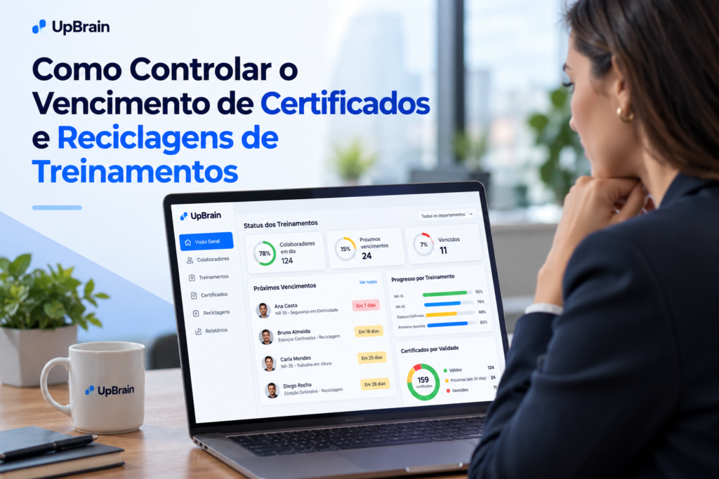 Gestora acompanhando certificados, vencimentos e reciclagens de treinamentos em uma plataforma de gestão corporativa.