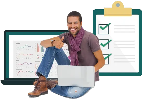 Pessoa sentada com um computador na mão